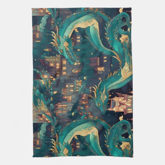 Meerderlijke Blauwgroen dragons en dorp Theedoek (Verticaal)