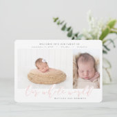 Meerfotogeboorte aankondiging zwart-wit roze (Staand voorkant)