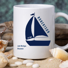 Meerhuis Familienaam Navy Blauwe Zeilboot Koffiemok