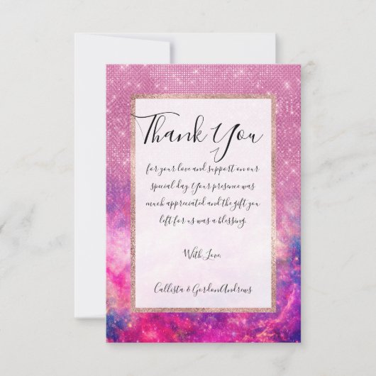 Meerhuisroze Paarse roze glitter Starry Nebula Bedankkaart (Voorkant)