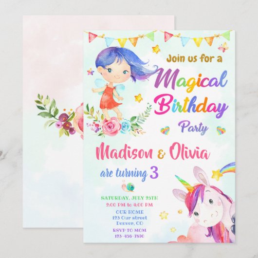 Meerjarige uitnodiging voor twee meisjes in Fairy  (Voorkant / Achterkant)