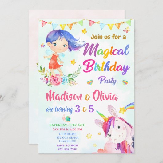 Meerjarige uitnodiging voor twee meisjes in Fairy (Voorkant / Achterkant)