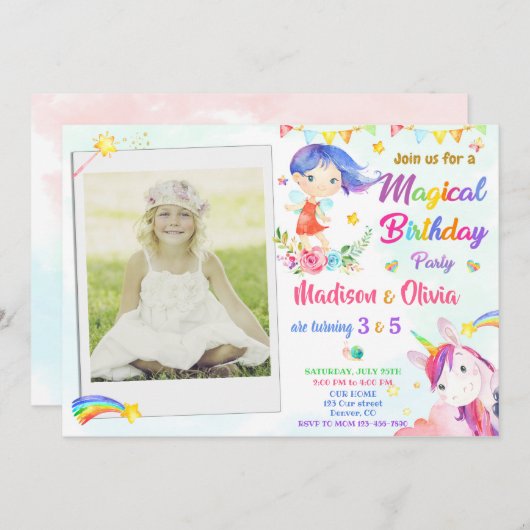 Meerjarige uitnodiging voor twee meisjes in Fairy  (Voorkant / Achterkant)