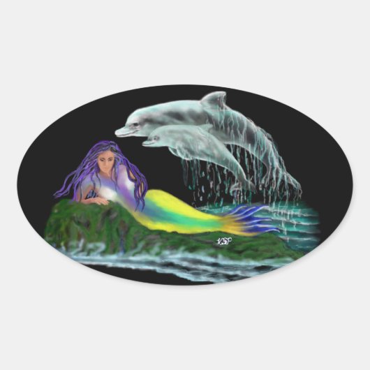 Meerjungfrau mit Delfinen Ovale Sticker (Voorkant)