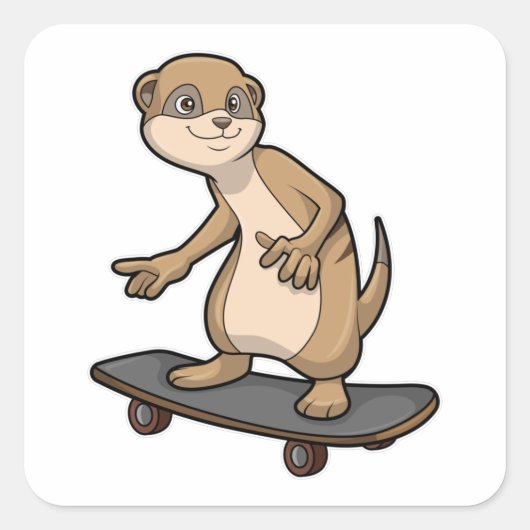 Meerkat als Skater met Skateboard Vierkante Sticker (Voorkant)