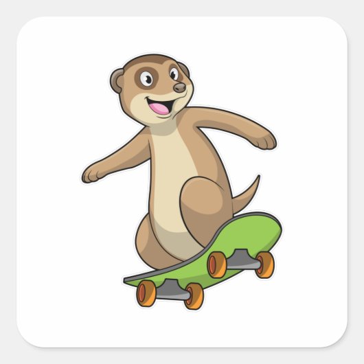Meerkat als Skater met Skateboard Vierkante Sticker (Voorkant)