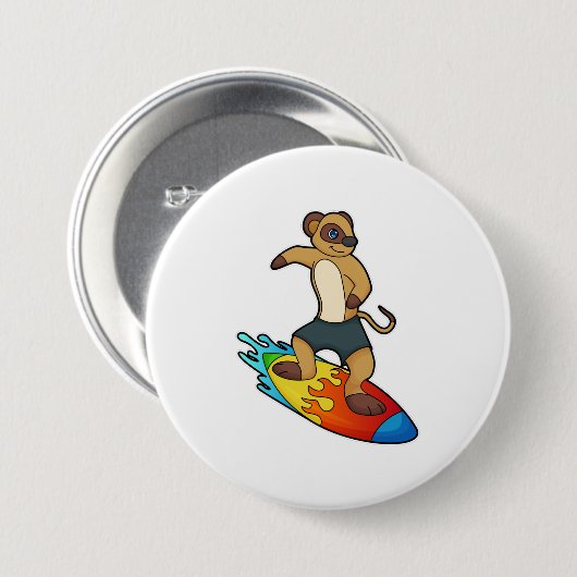 Meerkat als surfer met surfboard ronde button 7,6 cm (Voorkant /achterkant)