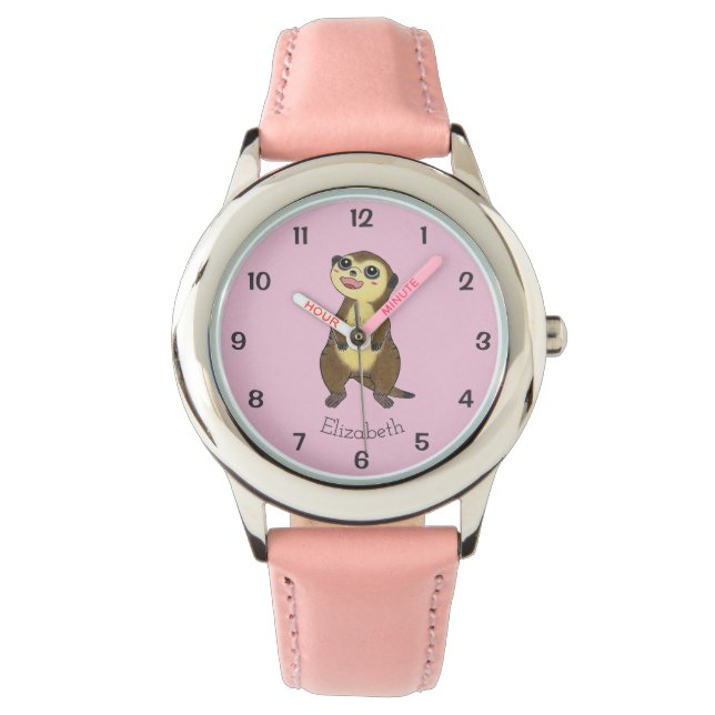 Meerkat Cartoon Eenvoudig Roze Kinder Naam Horloge (Voorkant)