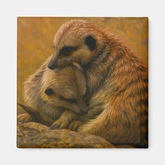 Meerkat Cuddle – Earth-Toned Wildlife Painting Magneet (Voorkant)