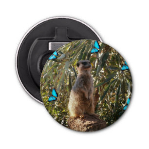 Meerkat en blauwe vlinders, button flesopener