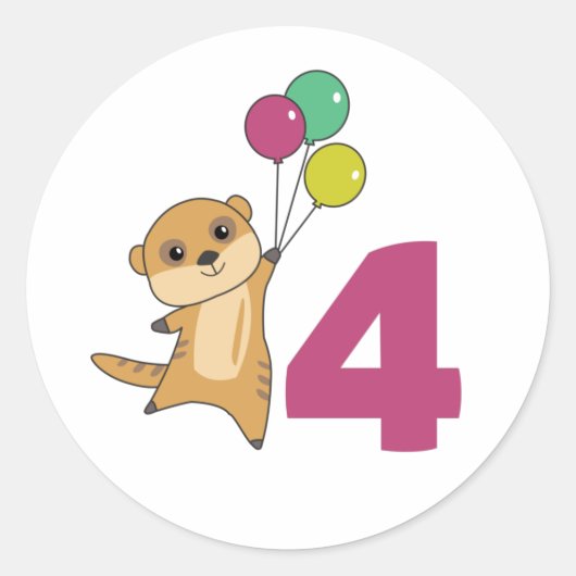 Meerkat Fourth Birthday Balloons Kinder Classic Ro Ronde Sticker (Voorkant)