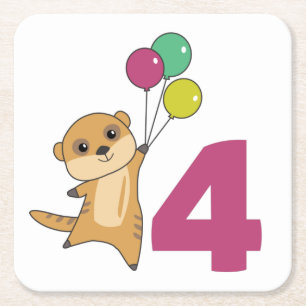 Meerkat Fourth Birthday Balloons Kinder Square Pap Kartonnen Onderzetters
