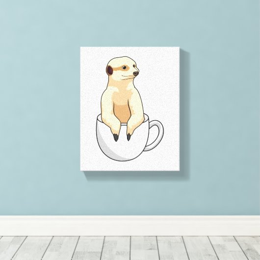 Meerkat met beker koffie canvas afdruk (Insitu (Houten vloer))
