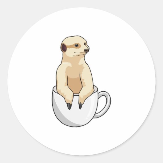 Meerkat met beker koffie ronde sticker (Voorkant)