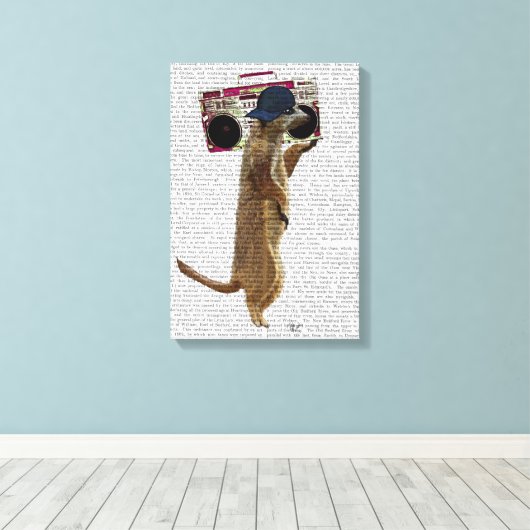 Meerkat met getto-blaster van de zoomdoos canvas afdruk (Insitu (Houten vloer))