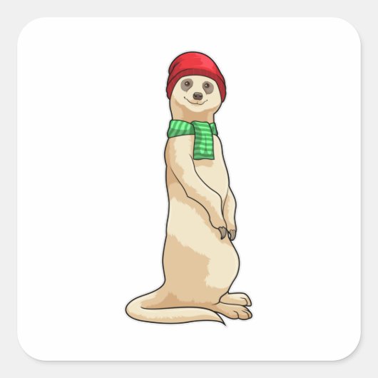 Meerkat met Pet en Scarf Vierkante Sticker (Voorkant)