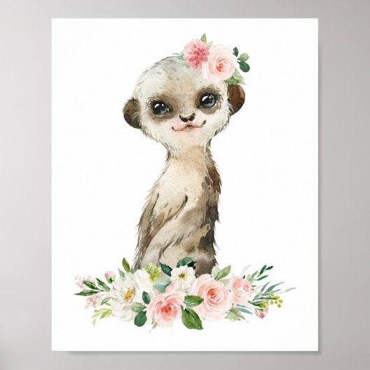 Meerkat, Safari, Roze Bloemen, Meisje Nursery Poster (Voorkant)