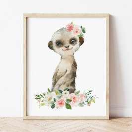 Meerkat, Safari, Roze Bloemen, Meisje Nursery Poster