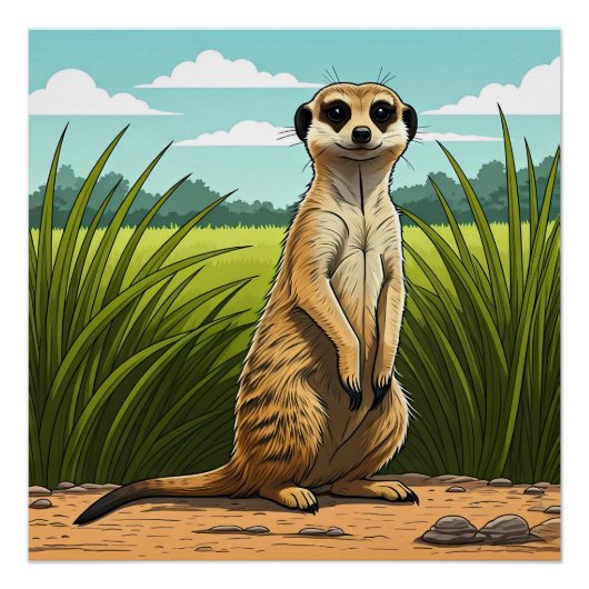 Meerkat standing alert in a field of grass perfect poster (Voorkant)