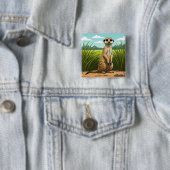 Meerkat standing alert in a field of grass vierkante button 5,1 cm (In situ)