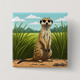 Meerkat standing alert in a field of grass vierkante button 5,1 cm