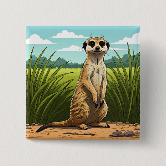 Meerkat standing alert in a field of grass vierkante button 5,1 cm (Voorkant)