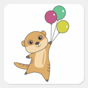 Meerkat vliegt met ballonnen en stoot dieren op vo vierkante sticker
