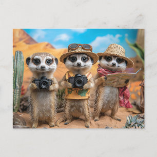 Meerkatten verkleed als toeristen met camera's en feestdagenkaart