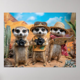 Meerkatten verkleed als toeristen met camera's en  poster