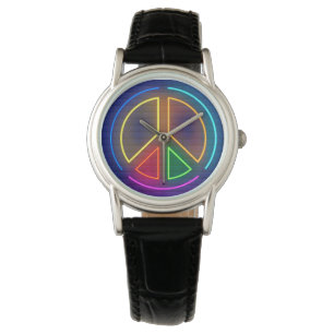 Meerkleurig neonsymbool voor het vredesteken horloge