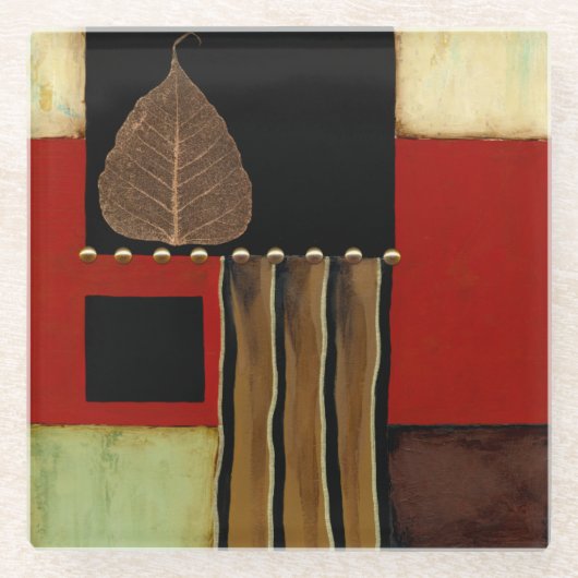 Meerkleurig paneelschilderij met bruin leder glazen onderzetter (Voorkant)