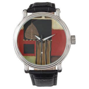 Meerkleurig paneelschilderij met bruin leder horloge