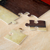 Meerkleurig paneelschilderij met bruin leder legpuzzel (Zijkant)