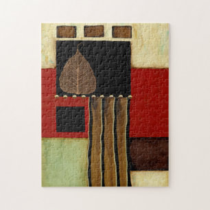 Meerkleurig paneelschilderij met bruin leder legpuzzel