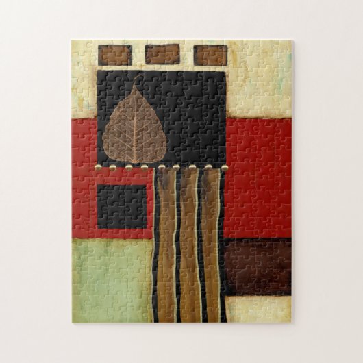 Meerkleurig paneelschilderij met bruin leder legpuzzel (Verticaal)