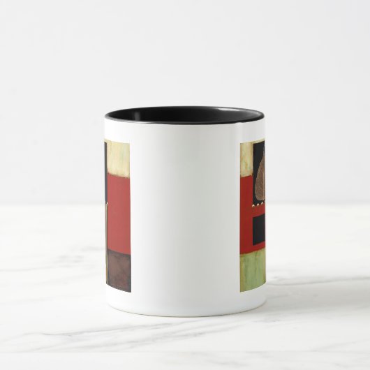 Meerkleurig paneelschilderij met bruin leder mok (Midden)