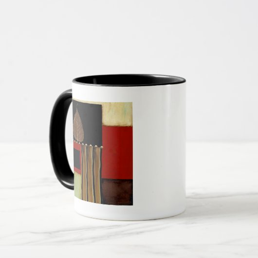 Meerkleurig paneelschilderij met bruin leder mok (Voorkant links)