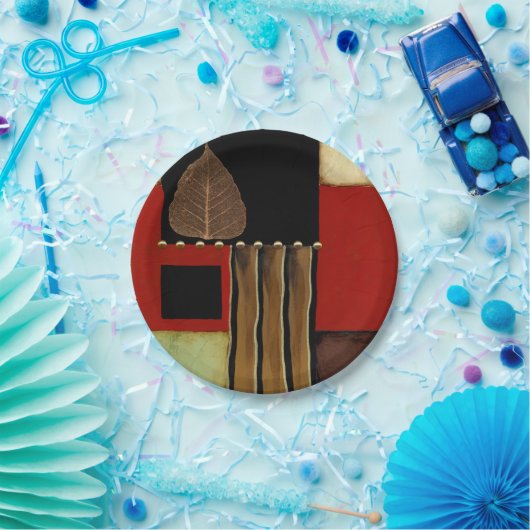 Meerkleurig paneelschilderij met bruin leder papieren bordje (Feest)