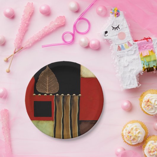 Meerkleurig paneelschilderij met bruin leder papieren bordje (Feest)