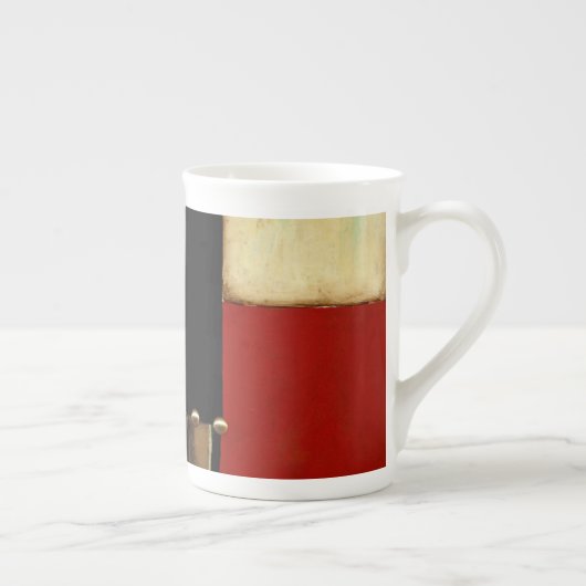 Meerkleurig paneelschilderij met bruin leder porselein kop (Rechts)