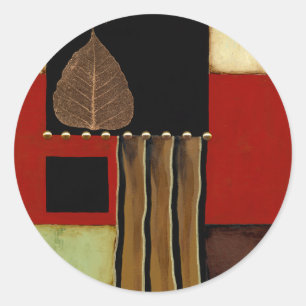 Meerkleurig paneelschilderij met bruin leder ronde sticker