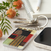 Meerkleurig paneelschilderij met bruin leder sleutelhanger (Voorkant Rechts)