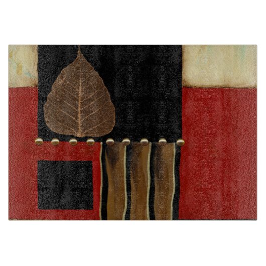 Meerkleurig paneelschilderij met bruin leder snijplank (Voorkant)