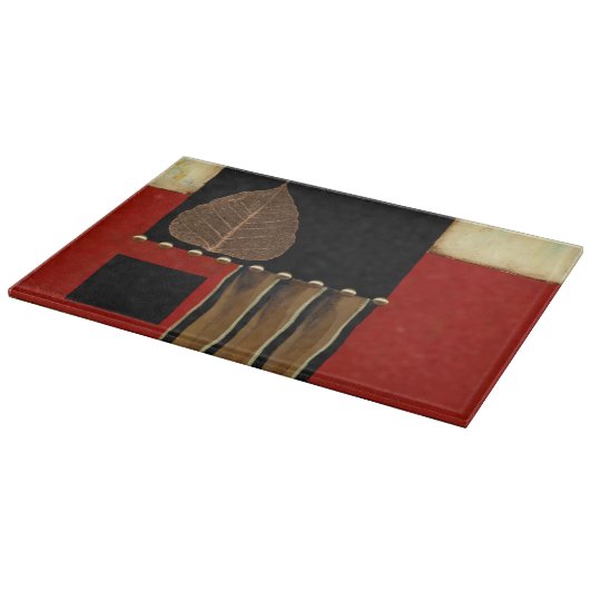 Meerkleurig paneelschilderij met bruin leder snijplank (Hoek)