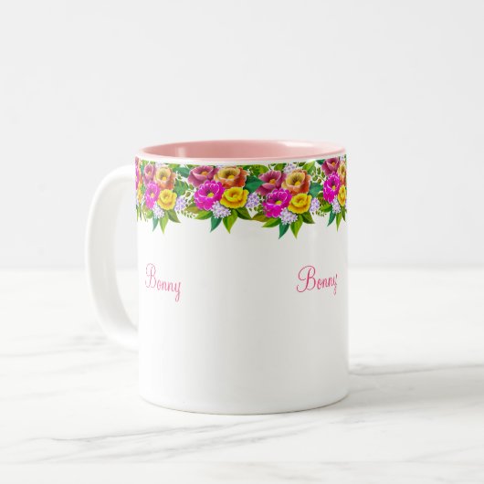 Meerkleurige bloemen en kalligrafie tweekleurige koffiemok (Voorkant links)