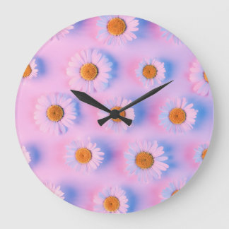 Meerkleurige kamille-array met neonverlichting. grote klok