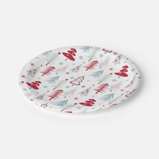 Meerkleurige kerstbomen op een wit papieren bordje (Gekanteld)