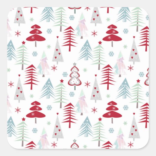 Meerkleurige kerstbomen op een wit vierkante sticker (Voorkant)