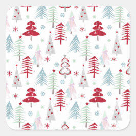 Meerkleurige kerstbomen op een wit vierkante sticker