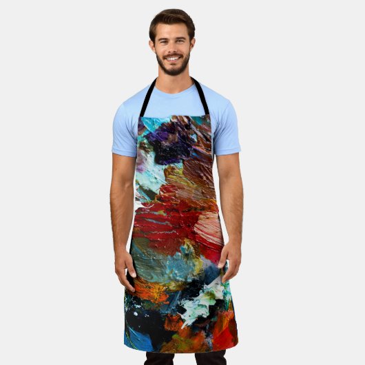 meerkleurige lagen olieverf op de kunstenaar schort (Gedragen)